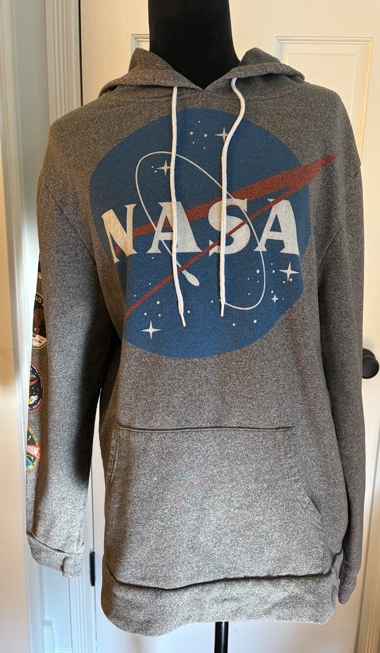 NASA Hoodie Gray Pullover Mission Patch Logo Space Program Streetwear SizeLarge
